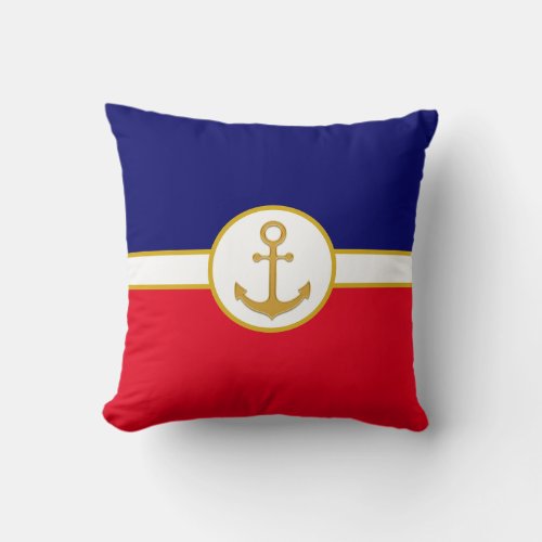 Golden Anchor on Navy Blue Red  White Throw Pillow