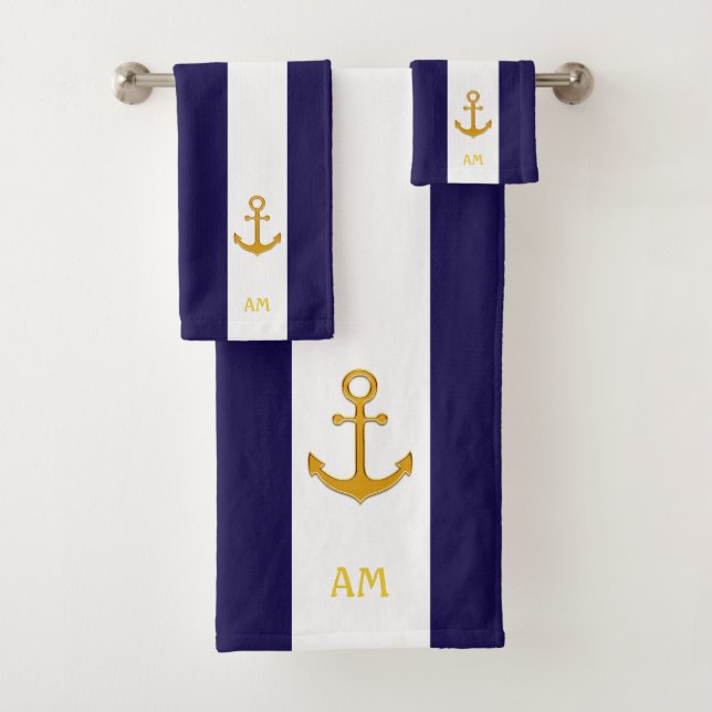 Golden anchor on navy blue & white striped bath towel set (Insitu)