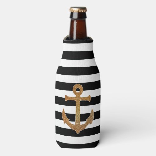 Golden Anchor on Stripes Bottle Cooler