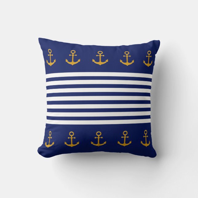 Golden Anchors, Blue & White Stripes on Navy Blue Throw Pillow (Front)