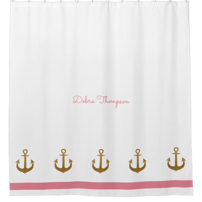golden anchors, nautical pink & personalized shower curtain (Front)