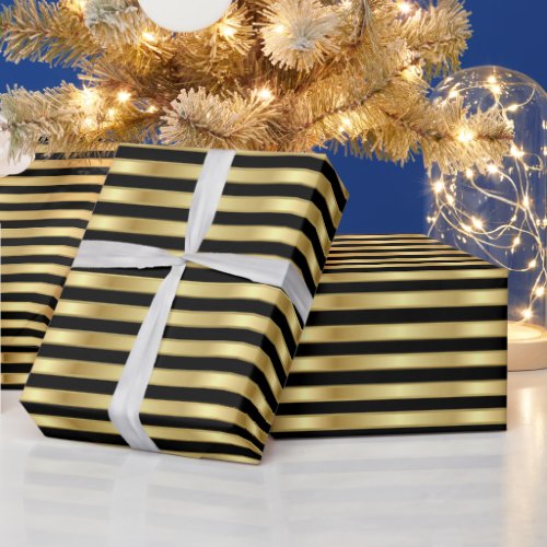 Golden and Black Elegant Stripes Wrapping Paper