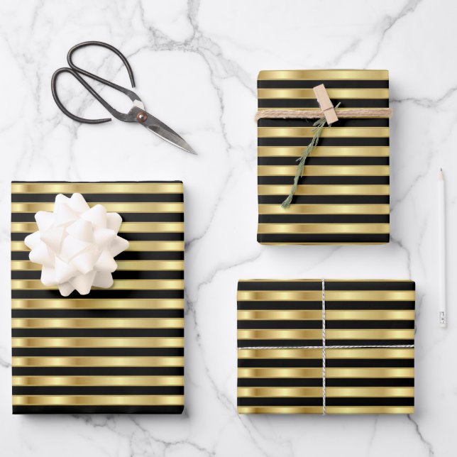 Golden and Black Elegant Stripes Wrapping Paper Sheets (Front)