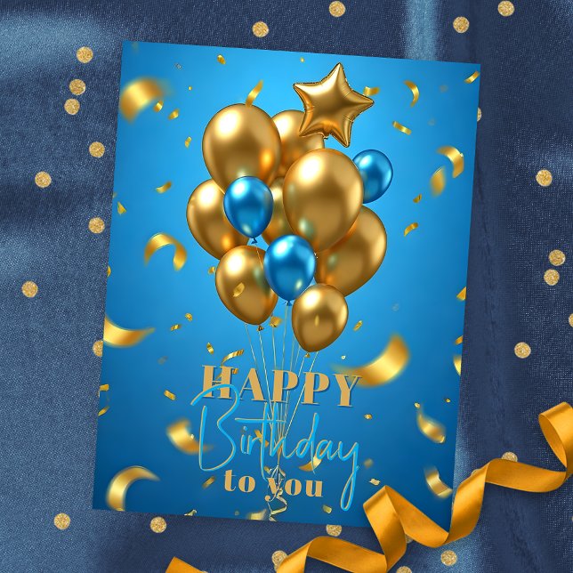 Golden and Blue Balloons and Confetti Birthday Postcard (Creator Uploaded)