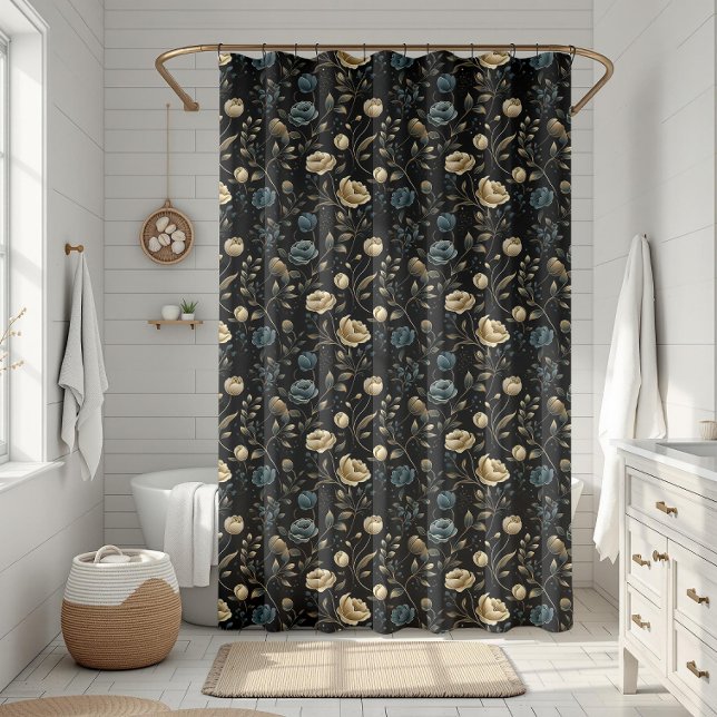 Golden And Blue Ornate Floral Bloom Pattern Shower Curtain (Golden And Blue Ornate Floral Bloom Pattern Shower Curtain)