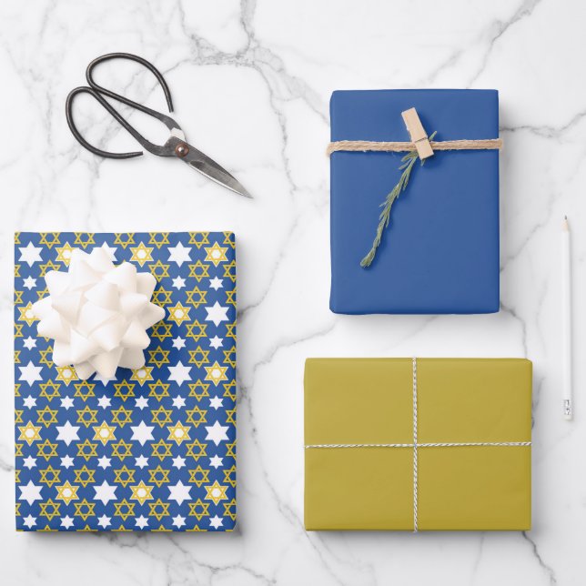 Golden and Blue Star of David Wrapping Paper Sheets (Front)