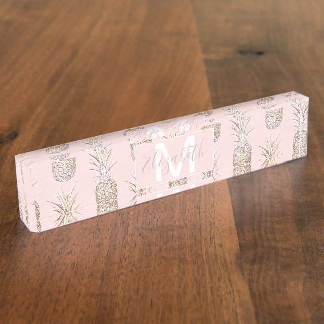 Golden and blush pineapples pattern desk name plate (Side)