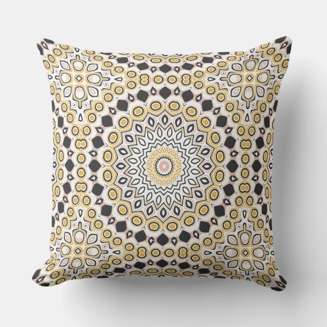 Golden and Charcoal Mandala Pattern Throw Pillow (Front)