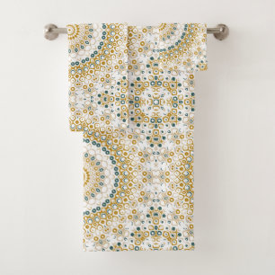 Golden and Green Geometric Mandala Pattern Bath Towel Set