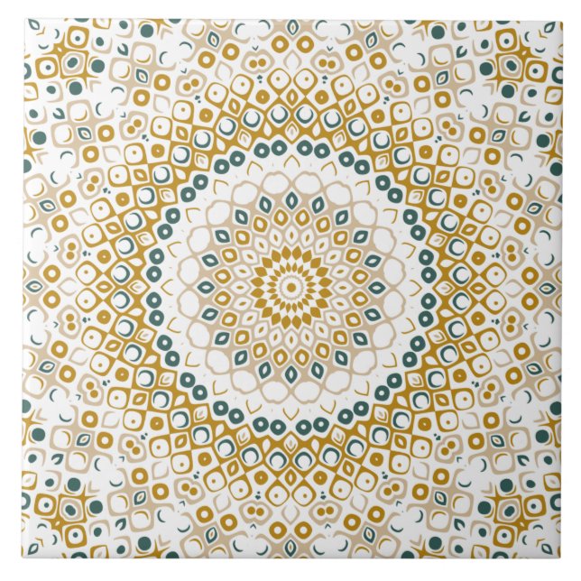 Golden and Green Geometric Mandala Pattern Ceramic Tile (Front)