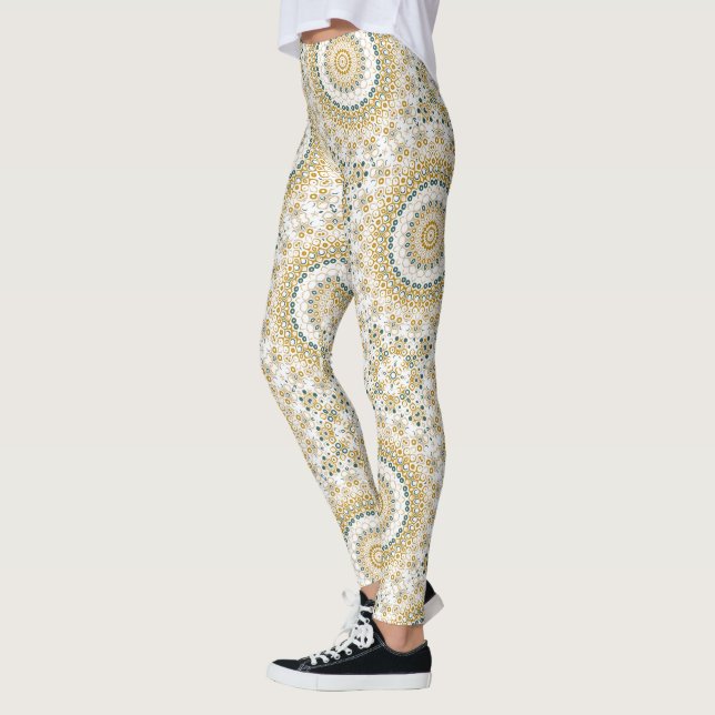 Golden and Green Geometric Mandala Pattern Leggings (Left)