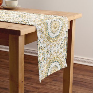 Golden and Green Geometric Mandala Pattern Medium Table Runner
