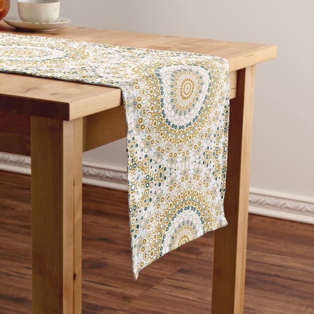 Golden and Green Geometric Mandala Pattern Medium Table Runner (In Situ)