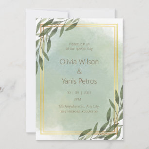 Golden And Green Watercolor Floral Wedding Invitation