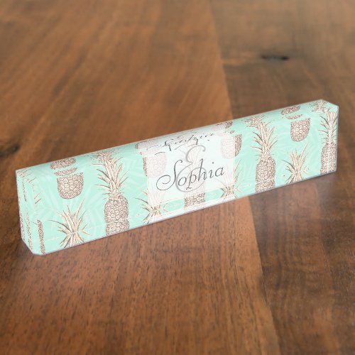 Golden and mint pineapples pattern desk name plate