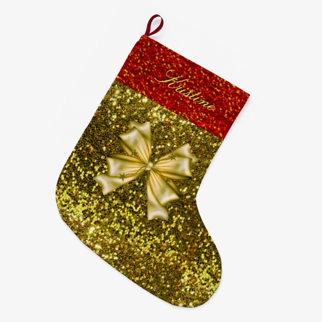 Golden and Red Glitters with Bow Large Christmas Stocking (Front (Hanging))