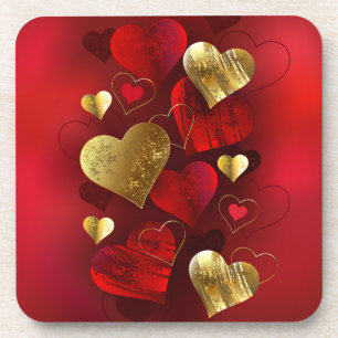 Golden and red valentines beverage coaster