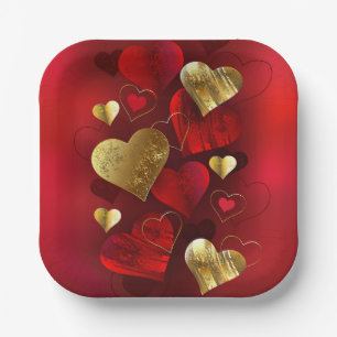 Golden and red valentines paper plates