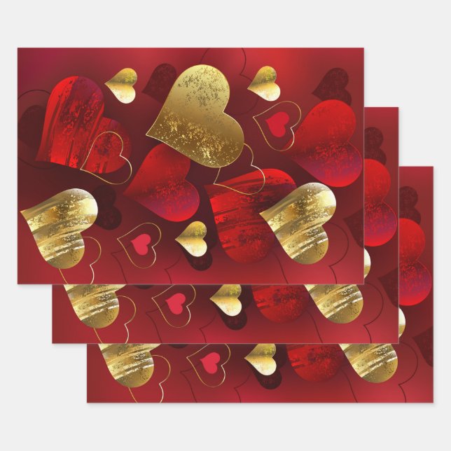 Golden and red valentines wrapping paper sheets (Set)