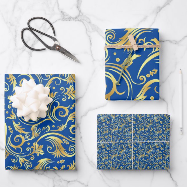 Golden and Royal Blue Scroll Wrapping Paper Sheets (Front)