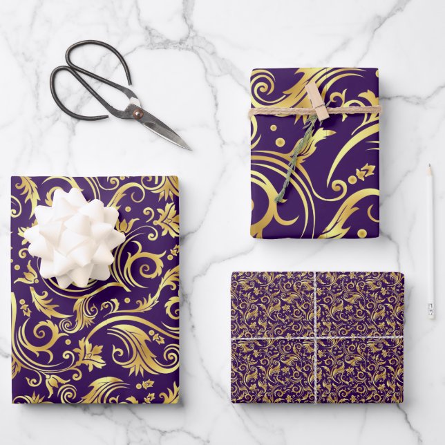 Golden and Royal Purple Scroll Wrapping Paper Sheets (Front)