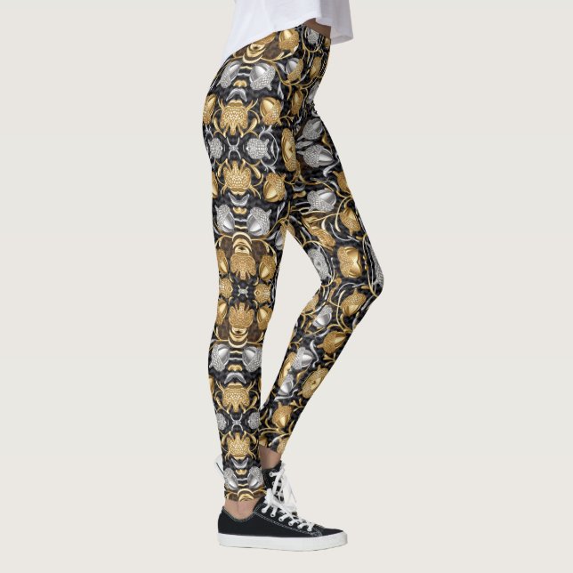 Golden and Silver Oak Tree Acorn Gym Design Leggings (Right)