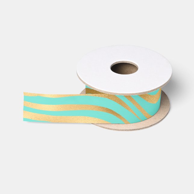 Golden and Teal Animal Stripes Satin Ribbon (Spool)