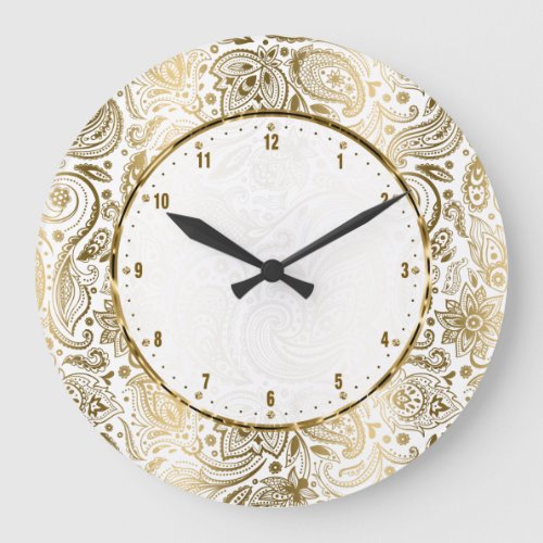 Golden And White Floral Paisley Large Clock
