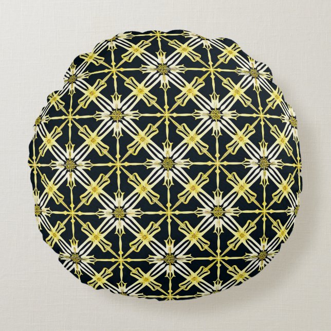 Golden and White Geometric Patterned Design Round Pillow (Front)