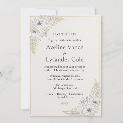 Golden Anemones, Fern Fronds, Minimalist Border Fr Invitation