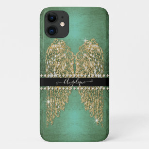 Golden Angel Wings Neo Mint Aqua Diamond Jewels iPhone 11 Case