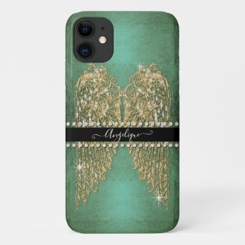Golden Angel Wings Neo Mint Aqua Diamond Jewels Iphone 11 Case by PatternsModerne at Zazzle