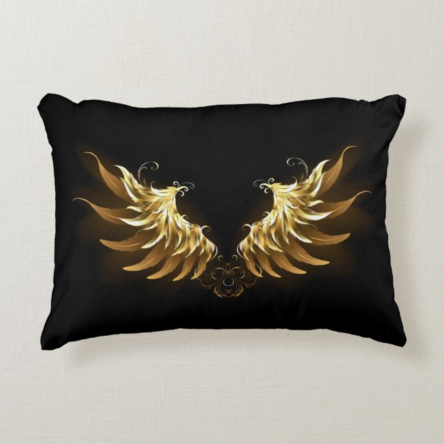 Golden Angel Wings on Black background Accent Pillow (Front)