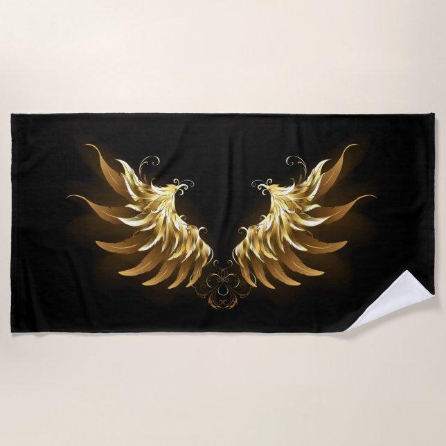 Golden Angel Wings on Black background Beach Towel (Front)