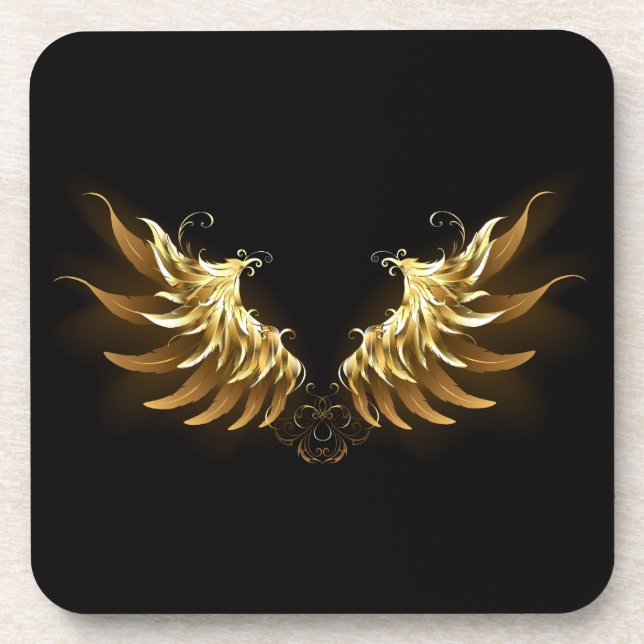 Golden Angel Wings on Black background Beverage Coaster (Front)