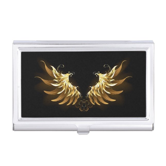 Golden Angel Wings on Black background Business Card Case (Front)