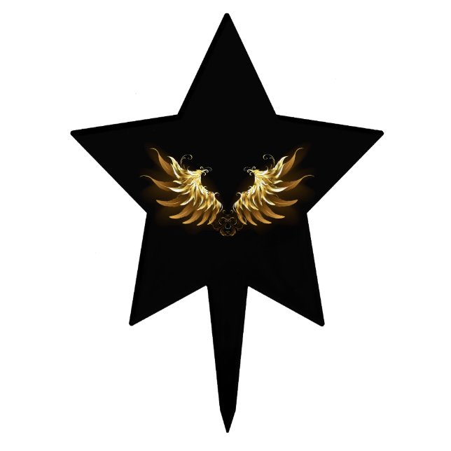 Golden Angel Wings on Black background Cake Topper (Front)