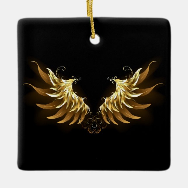 Golden Angel Wings on Black background Ceramic Ornament (Front)