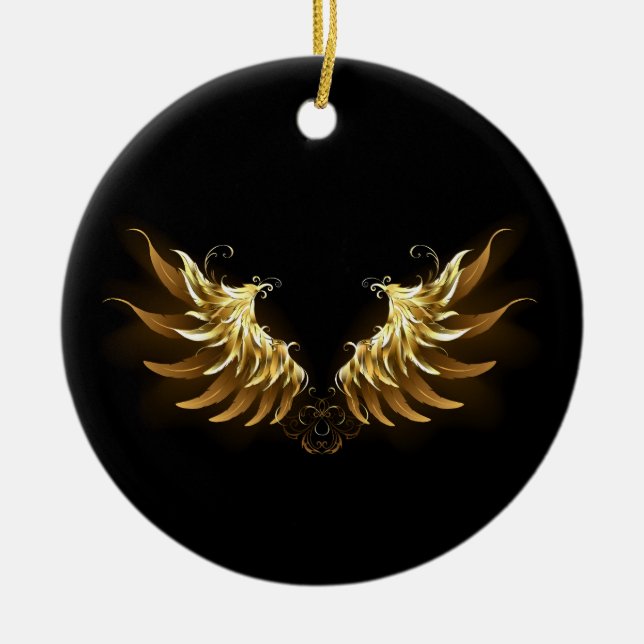Golden Angel Wings on Black background Ceramic Ornament (Front)