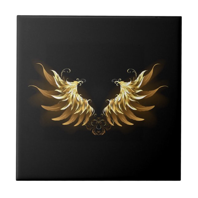 Golden Angel Wings on Black background Ceramic Tile (Front)
