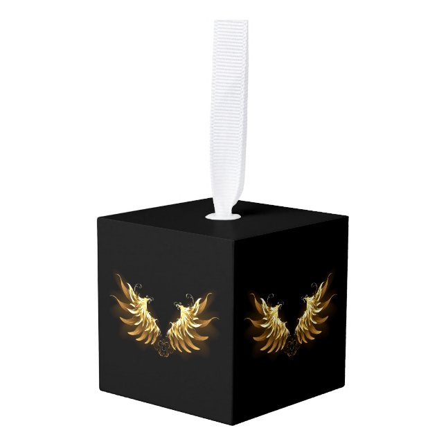 Golden Angel Wings on Black background Cube Ornament (Front Angled)
