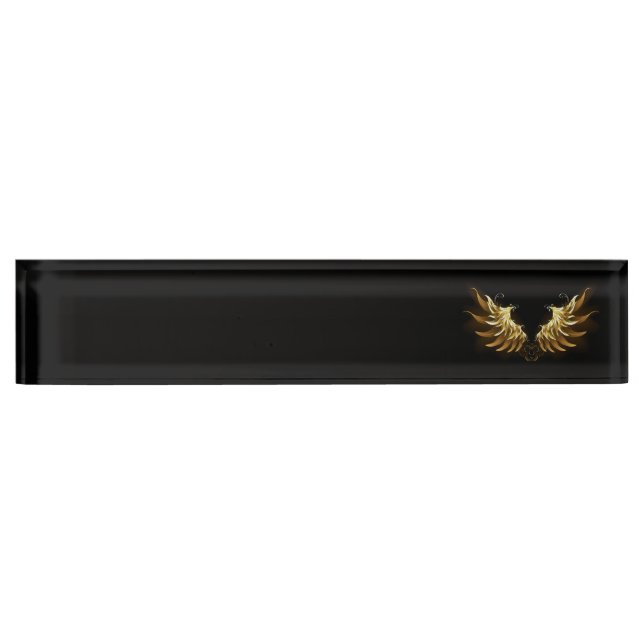Golden Angel Wings on Black background Desk Name Plate (Front)