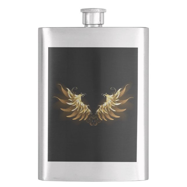 Golden Angel Wings on Black background Flask (Front)