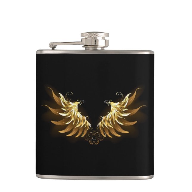 Golden Angel Wings on Black background Flask (Front)