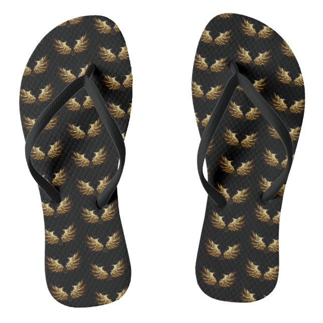 Golden Angel Wings on Black background Flip Flops (Footbed)