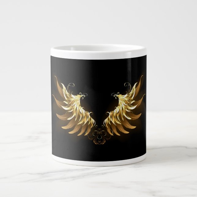 Golden Angel Wings on Black background Giant Coffee Mug (Front)