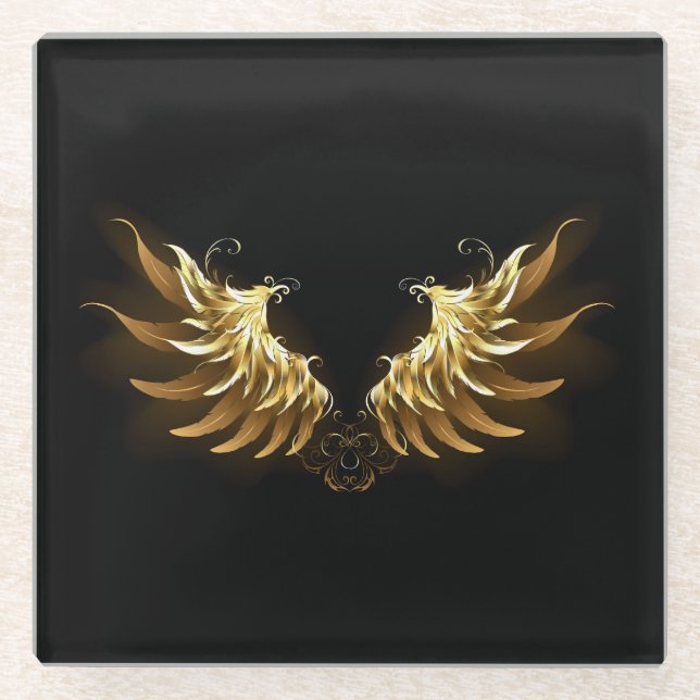 Golden Angel Wings on Black background Glass Coaster (Front)
