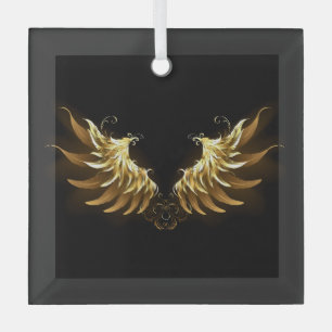 Golden Angel Wings on Black background Glass Ornament