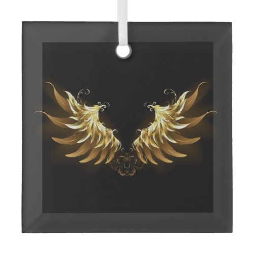 Golden Angel Wings on Black background Glass Ornament