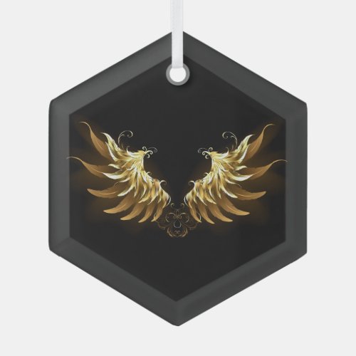 Golden Angel Wings on Black background Glass Ornament
